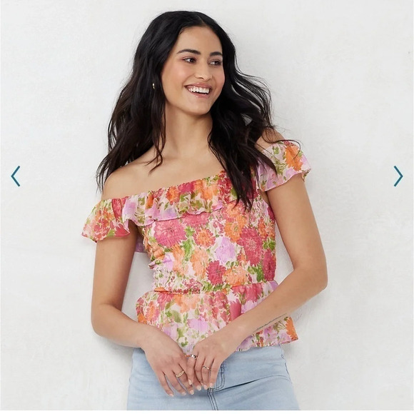 LC Lauren Conrad Ditsy Floral Smocked Ruffle Off-Shoulder Peplum Tank​​​​​​​​​ - Picture 5 of 6